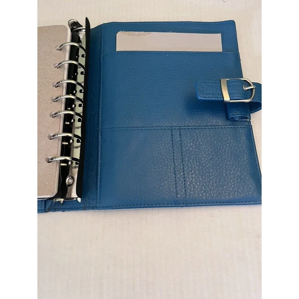 Blue Teal Leather Day Timer 7 Ring Binder Organizer 9.25” X 7.25 Daytimer